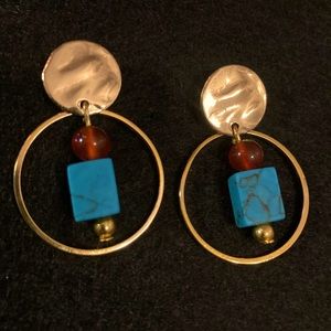 New Carnelian Orb w/Turquoise Rectangle Encircled in Gold Hoop w/Gold Sun Post